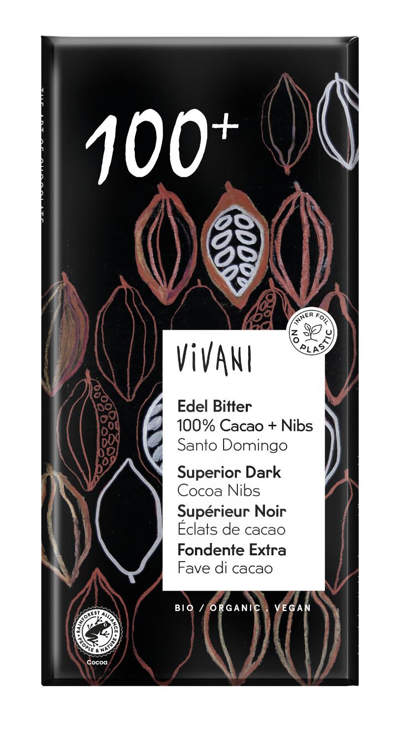 Tafelschokolade Edel Bitter 100% Cacao + Nibs vegan Ekologisk Vivani 10x80g